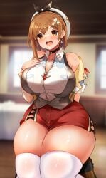 atelier_(series) atelier_ryza big_breasts breasts brown_hair busty earrings female hat highres huge_breasts jewelry kneeling large_breasts reisalin_stout ribbon short_hair short_shorts shorts solo teruwo_sun thick_thighs thighhighs thighs wide_hips