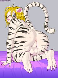 5_toes absurd_res anus balls black_stripes blonde_hair blue_eyes desertkaiju eyewear feet felid fur genitals glasses hair hi_res male mammal nyla nyla_(whitekitteh) original original_character pantherine pink_nose slightly_chubby soles solo stripes tiger toes trans_woman transfem white_body white_fur