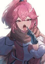 1girls after_fellatio after_oral anna_(fire_emblem) anna_(fire_emblem_engage) black_gloves brown_cape cape cola_bcde dress facial female female_only finger_to_face finger_to_own_chin fire_emblem fire_emblem_engage gloves hair_in_mouth long_sleeves looking_at_viewer medium_hair nintendo open_mouth oral pink_eyes pink_hair pointing ponytail presenting presenting_mouth pubic_hair pubic_hair_in_mouth red_hair smile solo tongue tongue_out two-tone_dress upper_body white_background white_dress