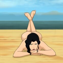 1girls anaxus ankles_crossed asami_sato ass avatar_legends beach big_ass black_hair completely_nude female lipstick lying lying_on_stomach naked nude nude_female outdoor_nudity outdoors presenting_feet soles solo solo_female the_legend_of_korra the_pose