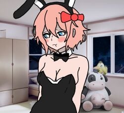 :t blue_eyes breasts bunny_costume bunny_ears bunny_girl bunnysuit cleavage doki_doki_literature_club orange_hair pouting red_ribbon ribbon sayori_(doki_doki_literature_club) shy shy_expression standing strawberry_blonde_hair