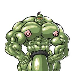 1boy black_hair blush green_skin hyper hyper_genitalia hyper_penis male male_only muk100 muscular muscular_male orc orc_male small_image