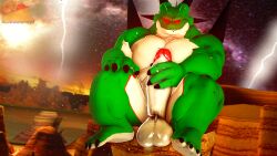 2022 3d_(artwork) antennae_(anatomy) anthro balls barefoot big_balls big_penis canyon clawed_fingers claws desert detailed_background digital_media_(artwork) dragon dragon_ball dragon_ball_z electricity feet genitals glowing glowing_eyes green_body hi_res horn huge_balls huge_cock lightning looking_at_viewer male male_focus male_only moonwulf multicolored_body muscular muscular_male night nude penis porunga presenting presenting_penis red_eyes reptile scalie smile smiling_at_viewer solo solo_focus solo_male source_filmmaker spikes spikes_(anatomy) toe_claws two_tone_body