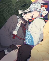 2boys bead_necklace black_hair black_nails crbin25 dark_green_hair eye_contact feathered_wings fox_tail fully_clothed gintama gintoki_sakata hand_on_thigh headband hijikata_toshiro imminent_sex japanese_clothes kimono kitsune kyuubi looking_at_another male male_only mask mask_on_head official_alternate_costume silver_hair sitting_on_person tengu white_hair wings yaoi youkai