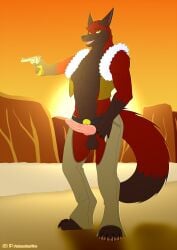 anthro blaze_wolf bottomwear canid canine canis clothed clothing crotchless_bottomwear crotchless_clothing crotchless_pants erection gun hand_on_hip hi_res male mammal open_clothing open_shirt open_topwear palmarianfire pants ranged_weapon shirt solo topwear vest weapon wild_west wolf