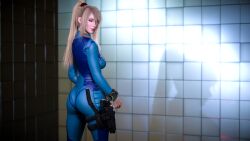 1girls 3d 3d_(artwork) bimbo blonde_hair blue_eyes bodysuit breasts female female_protagonist lipstick long_hair love_wolf metroid nintendo ponytail samus_aran white_skin zero_suit zero_suit_samus