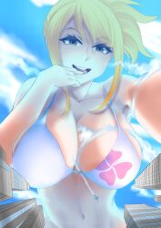 bikini blonde_hair blue_eyes city cleavage color fairy_tail giantess gtsleuth huge_breasts looking_at_viewer lucy_heartfilia macro on_hands_and_knees pov smiling