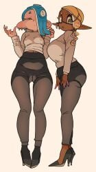 2girls ass asymmetrical_hair blue_hair breast_size_difference breasts chocolate_and_vanilla clothed dark-skinned_female dark_skin female frye_(splatoon) hair_over_one_eye heels hi_res high_heels huge_breasts inkling large_ass large_breasts light-skinned_female light_skin long_legs nintendo octoling shiver_(splatoon) small_breasts splatoon splatoon_(series) splatoon_3 tentacle_hair thick_thighs tight_clothing yellow_hair yuta_agc