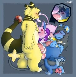 2023 alleros_(howlingampharos) ampharos anal anal_orgasm anal_sex animal_genitalia animal_penis ass balls black_body black_hair blue_body blush bodily_fluids buizel canine_genitalia canine_penis clenched_teeth closed_eyes clothing cum cum_in_ass cum_in_mouth cum_inside cum_on_balls cum_on_face cum_on_penis cum_while_penetrated cumshot digital_media_(artwork) double_anal double_penetration eeveelution ejaculation erection espeon explorer_badge eyewear fan_character feral foursome fur generation_2_pokemon generation_4_pokemon genital_fluids genitals glasses group group_sex hair half-closed_eyes hi_res hikaro_(lightobui) hoodie jasper_(bgklonewolf) knot levin_(levinluxio) lightobui looking_pleasured luxio male male/male male_penetrated male_penetrating male_penetrating_male mammal narrowed_eyes nintendo nude orgasm pawpads paws penetration penis pokemon pokemon_(species) ponytail purple_clothing purple_hoodie purple_topwear scrunchie sex simple_background smile stomach_bulge sweat sweatdrop tail teardrop tears teeth topwear yellow_body