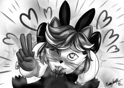 <3_eyes anthro bear blush bodily_fluids breath bunny_costume clothing costume cuffs_(clothing) domestic_cat duo evan_harrey fake_ears felid feline felis fellatio footwear fur gesture girly halftone heart hi_res high-angle_view high_heels kneeling looking_at_viewer looking_up male male/male mammal markings monochrome oral penile persian_cat playboy_bunny reku_(akubon) saliva sex simple_background sparkles spectacled_bear tremarctine ucu_harrey ucumar v_sign white_body white_fur