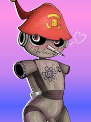 2023 anthro arms_behind_back bandai_namco blush curvy curvy_male digimon digimon_(species) femboy hat heart jembbrowm long_nose looking_at_viewer male male_focus male_only marionette no_nipples penis penis_out pinochimon puppet red_eyes red_hat simple_background smiling smiling_at_viewer