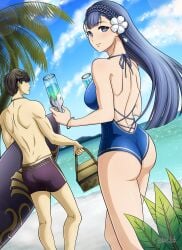 1boy 1girls alternate_costume ass back back_view backless_outfit bare_back bare_legs beach berkut_(fire_emblem) big_ass blue_eyes blue_hair blue_one-piece_swimsuit blue_swimsuit breasts canon_couple drink female fire_emblem fire_emblem_echoes:_shadows_of_valentia glasses kalesklok large_breasts legs long_hair male nintendo ocean one-piece_swimsuit outdoors rinea_(fire_emblem) swimsuit