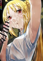 1boy :o absurdres arm_up armpits bar_censor blonde_hair bocchi_the_rock! casual_bukkake censored cum cum_on_face cum_on_hair dark-skinned_male dark_skin facial female highres ijichi_nijika light_blush long_hair looking_at_viewer penis penis_grab ponytail presenting_armpits red_eyes shirt sidelocks straight sweat teeth tomodachi_(tomofanart) upper_body upper_teeth_only white_shirt