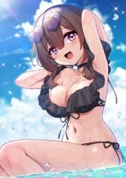 beach big_breasts bikini brown_hair cleavage frilly_clothing hoshina_meito navel ocean original original_character purple_eyes side-tie_bikini sunglasses sunglasses_on_head wet