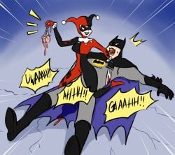 1boy 1girls batman bigger_male blood castration dc dc_comics female femdom girl_on_top guro harley_quinn harley_quinn_(classic) knife male ocigart open_mouth reverse_cowgirl_position screaming smaller_female testicles what wtf