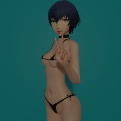 1girls 3d bikini blue_hair breasts clothing female female_only human pale_skin peace_sign persona persona_4 shirogane_naoto smango3d solo swimwear tomboy tongue_out