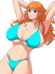 1girls alternate_version_available armwear big_breasts bikini bikini_bottom bikini_top blue_bikini bracelet breasts cleavage ear_piercing earrings female female_only hair hands_behind_back hands_behind_head huge_breasts kding large_breasts long_hair nami one_piece orange_eyes orange_hair post-timeskip solo solo_female swimwear