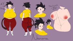 arrow ass ass_visible_through_thighs big_ass big_butt black_eyes black_hair breasts busty character_sheet dragon_ball gigantic_breasts inverted_nipples isxues large_ass large_butt mole mole_on_breast mole_under_mouth multiple_views nanma_(isxues) nude original_character peace_sign red_pants saiyan shirt short_hair smile smiling spiky_hair tail text wallpaper yellow_shirt yoga_pants