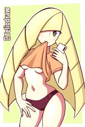 black_panties blonde_hair blush breasts cellphone green_eyes hair_over_one_eye looking_at_viewer lusamine_(pokemon) milf mouth_hold navel no_pants panties pokemon shirt shirt_lift standing tagme teliodraw thighs underboob