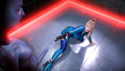 1girls 3d alien blonde_hair blue_eyes bodysuit breasts female female_protagonist holding_gun lipstick long_hair love_wolf metroid ponytail samus_aran scared white_skin zero_suit zero_suit_samus