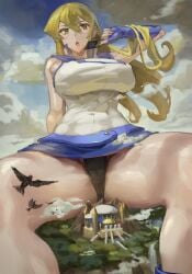 alexis_rhodes asuka_tenjoin black_panties blonde_hair destruction duel_academy_uniform_(yu-gi-oh!_gx) female_only giantess golden_eyes huge_breasts island kazo macro sitting thick_thighs uniform yu-gi-oh! yu-gi-oh!_gx