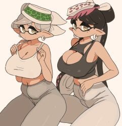 2girls alternate_breast_size bare_shoulders beauty_mark big_breasts black_hair breasts callie_(splatoon) cleavage earring earrings facial_markings female female_only hair_ornament hips huge_breasts humanoid inkling light-skinned_female light_hair light_skin long_hair marie_(splatoon) mole mole_under_eye multicolored_hair nintendo pink_hair pointed_ears pointy_ears short_hair silver_hair slightly_chubby splatoon splatoon_(series) sports_bra sportswear squid_sisters symbol-shaped_pupils tentacle_hair thick thick_thighs thighs tight_clothing twintails white_hair wide_hips yellow_eyes yoga_pants yuta_agc