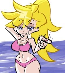 1girls accurate_art_style big_breasts bikini bikini_bottom bikini_top blonde_hair blue_eyes breasts cleavage female female_only gesture hair half-closed_eyes hand_behind_head handjob_gesture hips huge_breasts motion_lines nail_polish nails panties panty_&_stocking_with_garterbelt panty_anarchy pink_bikini ponytail pseudocel solo solo_female swimwear thighs