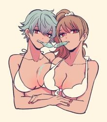 2girls 8cco alternate_costume big_breasts bikini blue_hair breast_press breast_squish brown_hair canon_genderswap cleavage clenched_teeth female female_only genderswap_(mtf) ginko_sakata gintama gintoki_sakata ice_pop light_blue_hair light_brown_hair long_hair looking_at_viewer okita_sougo okita_souko ponytail popsicle red_eyes rule_63 short_hair side_ponytail swimsuit upper_body very_short_hair white_bikini