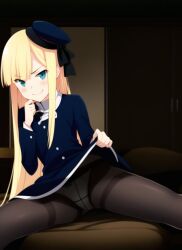 ai_generated black_legwear blonde_hair cameltoe fate/grand_order fate_(series) female flashing flashing_panties groin indoors long_hair looking_at_viewer lord_el-melloi_ii_case_files panties pantyhose pantyshot reines_el-melloi_archisorte smile smug teal_eyes teasing