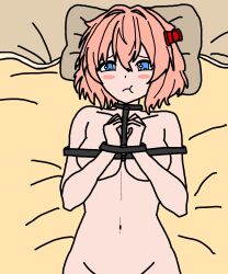 bed blue_eyes completely_nude doki_doki_literature_club nude nude_female on_back on_bed orange_hair red_ribbon ribbon sayori_(doki_doki_literature_club) tied tied_hands tied_neck tied_nipples tied_up