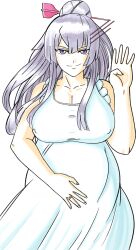 1girls cleavage dress frolaytia_capistrano gutsbro14 hair_bun hair_ornament heavy_object large_breasts long_hair pregnant purple_eyes silver_hair smile wedding_ring