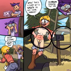 1boy 1girls bent_over blonde_hair boots breasts comic farmgirl female flannel flannel_shirt freckles glasses jeans leaning_on_object long_hair looking_at_viewer nipples open_smile outdoors outside pov pov_eye_contact pubic_hair purple_hair pussy smile spider spider_web sunny_burns tanline tanlines theenfman unaware voyeur waving x-ray x-ray_glasses