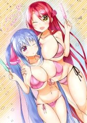 2girls artist_request bikini blue_hair breasts_bigger_than_head clothed collarbone cute female female_only flower_knight_girl geranium_(flower_knight_girl) gold_eyes hair_ribbon hourglass_figure huge_breasts hugging ice_cream long_hair navel pink_eyes popsicle red_hair riko_(shuz) shortstack slim_waist string_bikini thick_thighs top_heavy twintails