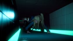 1girls 3d blonde_hair blue_eyes bodysuit breasts crawling escape female female_protagonist lipstick long_hair love_wolf metroid ponytail samus_aran white_skin zero_suit zero_suit_samus