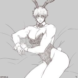 alternate_costume blush bowtie bunny_boy bunny_ears bunny_tail bunnysuit cleavage crossdressing curly_hair detached_collar expressionless gintama gintoki_sakata kkae_kkaeng looking_away male male_only male_playboy_bunny monochrome muscular muscular_male on_bed on_side pecs solo wrist_cuffs