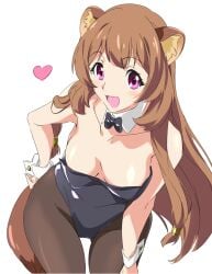 1girls 2019 bow_tie brown_hair bunny_ears bunny_tail bunnysuit cleavage female female_only hand_on_hip heart leggings long_brown_hair long_hair looking_at_viewer medium_breasts pink_eyes raccoon raccoon_ears raccoon_girl raccoon_tail raphtalia shirt_collar shirt_cuffs smile solo tate_no_yuusha_no_nariagari the_rising_of_the_shield_hero umanosuke white_background