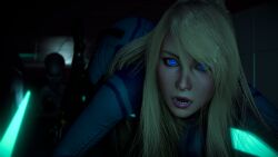 1girls 3d blonde_hair blue_eyes bodysuit breasts crawling escape female female_protagonist lipstick long_hair love_wolf metroid ponytail samus_aran white_skin zero_suit zero_suit_samus