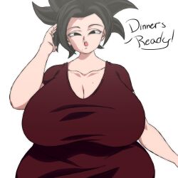 base_form_kefla big_hips black_eyes black_hair breasts brown_shirt chubby chubby_female cleavage dragon_ball dragon_ball_super gigantic_breasts hips huge_hips isxues kefla large_hips massive_hips mole mole_on_breast mole_under_eye mole_under_mouth plump saiyan shirt short_hair slightly_chubby spiky_hair text thick_hips wide_hips