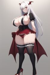 1girls ai_generated breasts frilled_legwear frilled_skirt frills high_heels inner_sideboob large_breasts long_hair looking_at_viewer miniskirt nai_diffusion panties red_eyes sideboob simple_background stable_diffusion standing thick_thighs thighhighs vampire white_hair