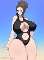 1girls big_breasts black_swimsuit blush breasts breasts_bigger_than_head brown_eyes brown_hair cleavage female female_only game_freak hair hair_bun hips huge_breasts large_breasts large_thighs mature mature_female mature_woman milf mother mother_(pokemon_bw2) pokemon pokemon_bw2 smile solo solo_female swimsuit thick_thighs thighs wide_hips zapklink