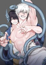 2boys arm_up armpit blush clenched_teeth dark_hair ear_fins erect_nipples gintama gintoki_sakata green_eyes interspecies kimono long_fingernails looking_at_another male male_only merfolk merman monster_boy moromoro10101 muscular muscular_male nipple_pinch nipple_pull nipple_tweak official_alternate_costume one_eye_closed open_clothes open_kimono pale-skinned_male pale_skin pec_grasp pecs serpent sharp_claws sharp_fingernails smile snake snakes takasugi_shinsuke topless_male white_hair yaoi youkai