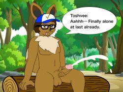 alone anthro anus balls cum eevee fungrip98_(artist) furry furry_male glasses hair hat log male masturbation nintendo nude penis pokémon_(species) pokemon pokemon_(species) sitting tosh_andward toshvee