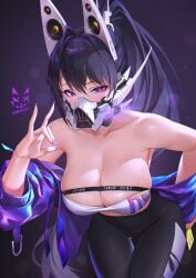 1girls armpits breasts cleavage female_only goddess_of_victory:_nikke heart-shaped_pupils heart_eyes jacket large_breasts long_hair mask purple_eyes shadow_cat sin_(nikke) solo solo_female