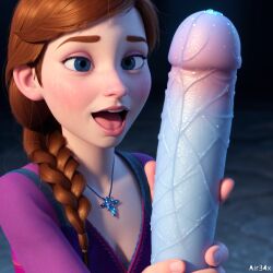 3d ai_generated anna_(frozen) blue_eyes brown_hair clothed dildo disney disney_princess frozen_(film) ice_dildo red_hair