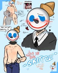 blowjob blue_eyes boner cartoony choker collar dick erection happy_trail holding_head jack_box jack_in_the_box kink male_only mascot mascot_costume mask medium_penis naked suit veiny_penis y/n