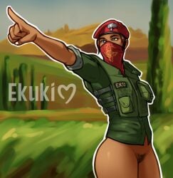 alibi_(rainbow_six) armor bandana beret big_butt clothed clothing ekuki hips mask masked masked_female pantless pants_down partially_clothed pubes pubic_hair public_nudity pussy rainbow_six rainbow_six_siege thick_thighs