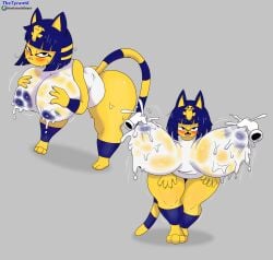 1girls absurd_res animal_crossing ankha ankha_(animal_crossing) big_breasts bodily_fluids breasts domestic_cat felid feline felis female hi_res huge_breasts lactation_through_clothes mammal milk nintendo solo sweat thetyrant