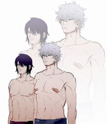 2boys bandaids_on_nipples covered_nipples dark_purple_hair expressionless gintama gintoki_sakata grey_hair hair_over_one_eye height_difference light-skinned_male light_skin male male_only march_tai one_eye_closed purple_hair takasugi_shinsuke toned toned_male topless topless_male white_hair