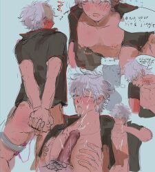 2boys akoku arms_behind_back blush colored_sketch cum cum_on_face dialogue ejaculation english_text erection gintama gintoki_sakata male male_only multiple_scenes open_shirt pecjob penis solo_focus uncensored vibrator vibrator_taped_to_leg yaoi