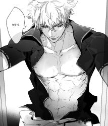 abs gintama gintoki_sakata half-closed_eyes korean_text looking_at_viewer male male_only monochrome muscular muscular_male onlyraii open_shirt pecs popped_collar smile solo speech_bubble suggestive_look wet_skin